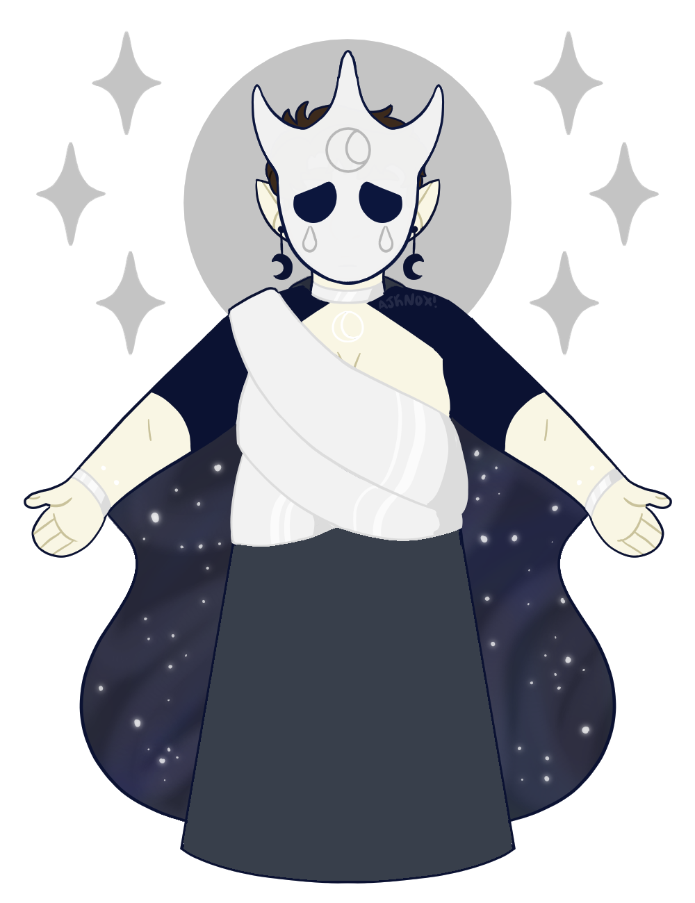 Haliya, a very pale chubby humanoid with pointy ears. They're wearing moon earrings, a dark skirt, and a silver wrapping around their chest. They have a cape attached to silver bracelets, the inside of which shows a night sky. They're also wearing a silver mask with three horns. The mask has a sad expression, with tears coming from the eyes and a moon symbol on the forehead. The same moon symbol is tattoed on their chest in white. The background is white, and in gray behind their head is a circle surrounded by six stars.